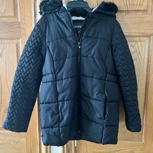 Kids Girls George Size 10-12  Black Puffer Jacket with Hood - White and Black